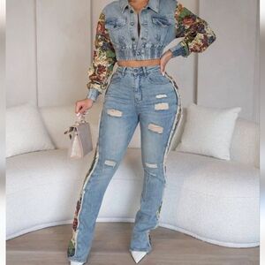 Floral Embroidered Denim Jacket and Jeans Set